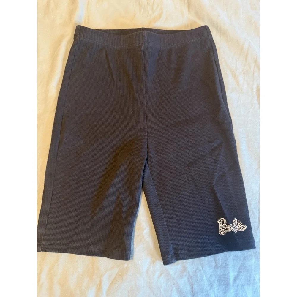 Forever 21 Barbie Women's Small Black Ribbed Biker Shorts Rhinestone Logo